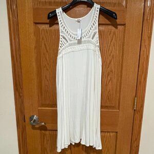 GARAGE Women’s L Crochet Insert Boho Summer Comfort Jersey Swing Dress Ivory NWT